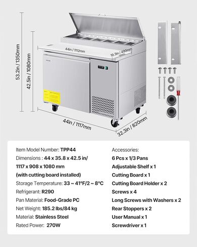 الثلاجة التجارية Vevor التجارية ، 44 "W Pizza Prep Breprgerated Table ، 19.3" Fultra Wide Countertop Food Prepridge ، 11 Cu.ft Single Door Prep Prep in Saudi Arabia