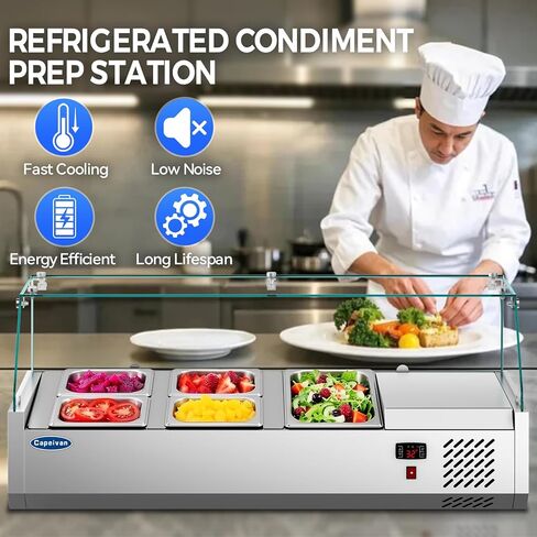 ثلاجة شريط سلطة تجارية مع مقالي 4 × 1/3 GN-170 واط علبة عرض مبردة من أجل الساندويتش ، بوفيه بارد وتخزين الطعام المحمول (0-12 ℃/32-53.6 ℉ ، الفولاذ المقاوم للصدأ) in Kuwait