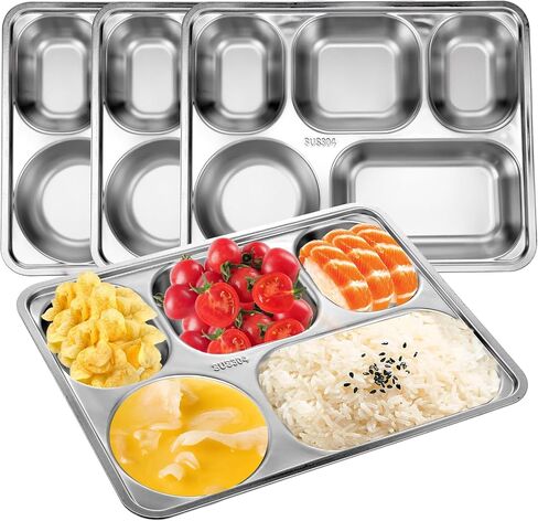 4 Pack Stainless Steel Divided Plates Rectangular Portion Control Plates with 5 Compartments, Unbreakable Metal Food Tray for Lunch, Dinner, Camping and Portion Control, Heavy Gauge in Saudi Arabia