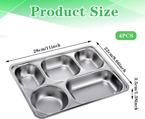 4 Pack Stainless Steel Divided Plates Rectangular Portion Control Plates with 5 Compartments, Unbreakable Metal Food Tray for Lunch, Dinner, Camping and Portion Control, Heavy Gauge in Saudi Arabia