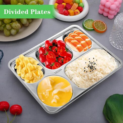 4 Pack Stainless Steel Divided Plates Rectangular Portion Control Plates with 5 Compartments, Unbreakable Metal Food Tray for Lunch, Dinner, Camping and Portion Control, Heavy Gauge in Saudi Arabia