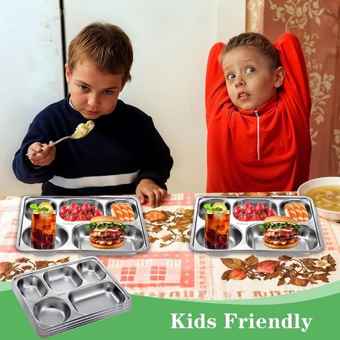 4 Pack Stainless Steel Divided Plates Rectangular Portion Control Plates with 5 Compartments, Unbreakable Metal Food Tray for Lunch, Dinner, Camping and Portion Control, Heavy Gauge in Saudi Arabia