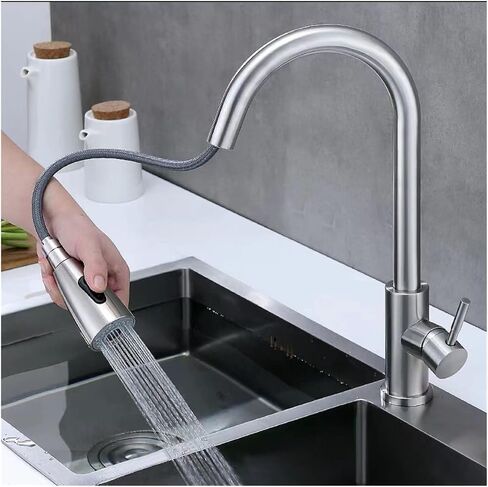 Hot and Cold Faucet Single Hole Pull-Out Kitchen Sink Mixer Faucet Water Jet Mixer Deck Mounted Brushed Nickel Kitchen Faucet(Silver B2) in Saudi Arabia