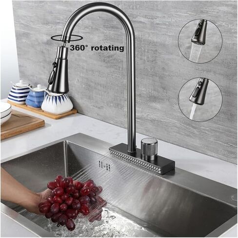 Waterfall Grey Sink Kitchen Faucet Hot Cold Mixer Wash Basin Multiple Water Outlets Rotation Flying Rain Tap Single Hole(Upgrade Version) in Saudi Arabia