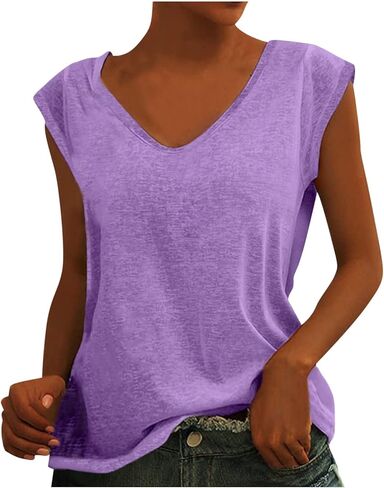 Women's Cap Sleeve Tank Tops Summer Casual T-Shirt Loose Fit Basic Tees Shirts Trendy Solid Color Tshirts Workout Tanks Top in Saudi Arabia