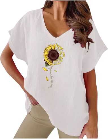 Womens Sunflower Print Shirts Short Sleeve V Neck Graphic Tshirts Blouses Cotton Linen Tunic Tops Clothing 2024 in Saudi Arabia