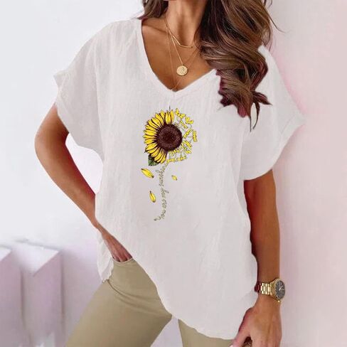 Womens Sunflower Print Shirts Short Sleeve V Neck Graphic Tshirts Blouses Cotton Linen Tunic Tops Clothing 2024 in Saudi Arabia