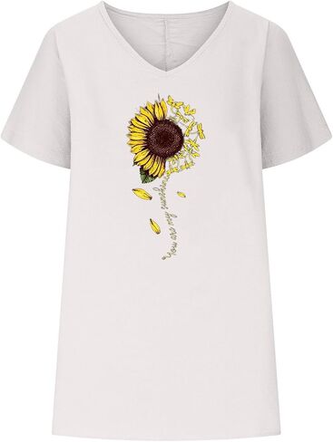 Womens Sunflower Print Shirts Short Sleeve V Neck Graphic Tshirts Blouses Cotton Linen Tunic Tops Clothing 2024 in Saudi Arabia