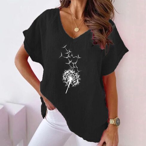 قمصان طباعة عباد الشمس للسيدات بأكمام قصيرة الخامس رسومات رقبة Tshirts بلوزات القطن قمم تونك تونك تونش الملابس 2024 in Kuwait