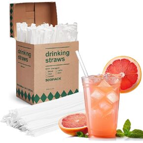 Glotoch Express 500PCS Individually Wrapped Clear Plastic Straws, 7.75'' Long, 0.24'' Diameter Disposable Drinking Straws for Every Occasion, Party, Made in USA in Saudi Arabia