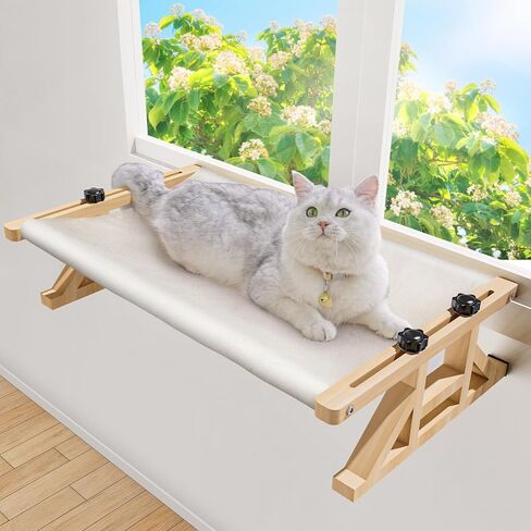Tresbro 2-in-1 Cat Window Perch & Elevated Cat Hammock, 15.7" W*10.2" H*18.9" L Wooden Frame Pet Bed for Indoor Cats, Easy Setup, Adjustable, No Drilling, Cats Perch for Window, Bedside, Ground in Kuwait
