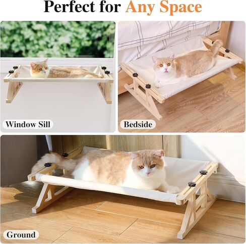 Tresbro 2-in-1 Cat Window Perch & Elevated Cat Hammock, 15.7" W*10.2" H*18.9" L Wooden Frame Pet Bed for Indoor Cats, Easy Setup, Adjustable, No Drilling, Cats Perch for Window, Bedside, Ground in Kuwait