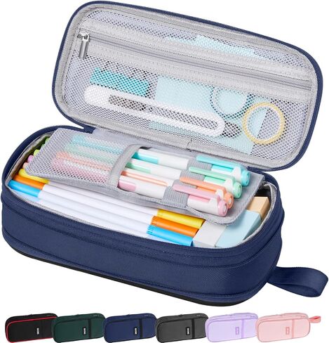 Sooez Large Pencil Case Pouch, Big Capacity Pencil Bag, Portable Stationery Pen Pouch with 4 Compartments, Sturdy Pen Holder Organizer with Handle, Aesthetic School Supplies for Boys Teen Adult, Black in Saudi Arabia