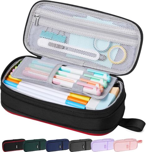 Sooez Large Pencil Case Pouch, Big Capacity Pencil Bag, Portable Stationery Pen Pouch with 4 Compartments, Sturdy Pen Holder Organizer with Handle, Aesthetic School Supplies for Boys Teen Adult, Black in Saudi Arabia