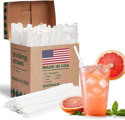 Glotoch Express 500PCS Individually Wrapped Clear Plastic Straws, 7.75'' Long, 0.24'' Diameter Disposable Drinking Straws for Every Occasion, Party, Made in USA in Saudi Arabia