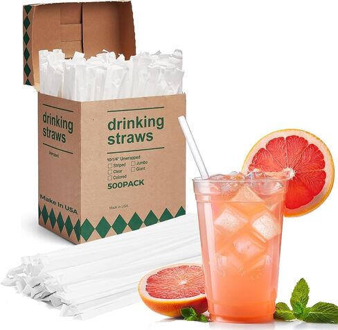 Glotoch Express 500PCS Individually Wrapped Clear Plastic Straws, 7.75'' Long, 0.24'' Diameter Disposable Drinking Straws for Every Occasion, Party, Made in USA in Saudi Arabia