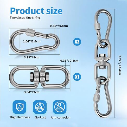 Aheucndg 1200 lb Capacity Heavy Duty Double Ended Eye Hook with Snap Hook, SUS304 Swivel Hooks 1Pack + Snap Hooks 2Pack, for Aerial Yoga, Hanging Hammock, Web Tree Swing, Swing Spinner (M8 in Saudi Arabia