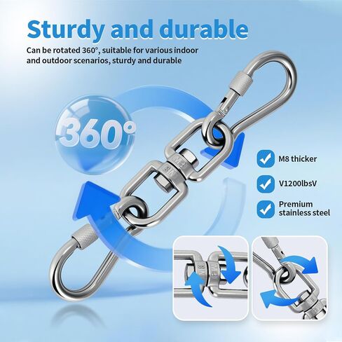 Aheucndg 1200 lb Capacity Heavy Duty Double Ended Eye Hook with Snap Hook, SUS304 Swivel Hooks 1Pack + Snap Hooks 2Pack, for Aerial Yoga, Hanging Hammock, Web Tree Swing, Swing Spinner (M8 in Saudi Arabia