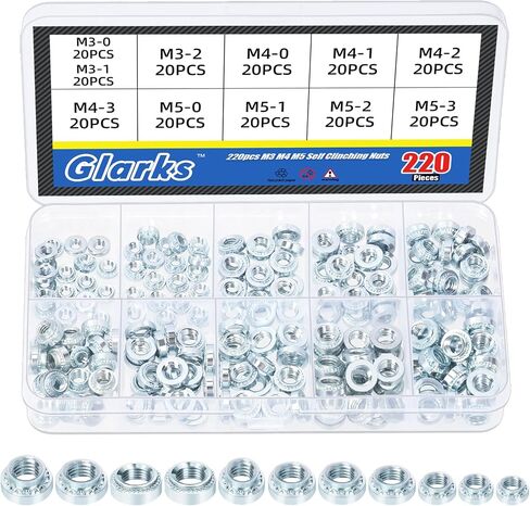 Glarks 220pcs M3 M4 M5 Zinc مطلي بالنقص المصنوع من الصواميل ، 304 من الفولاذ المقاوم للصدأ جائزة برشام برشام ، مثبتات صامتة ذاتية للآلات للآلات ، الصناعة in Saudi Arabia