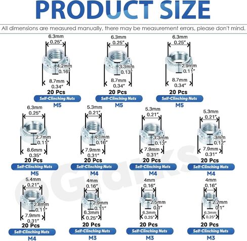 Glarks 220pcs M3 M4 M5 Zinc مطلي بالنقص المصنوع من الصواميل ، 304 من الفولاذ المقاوم للصدأ جائزة برشام برشام ، مثبتات صامتة ذاتية للآلات للآلات ، الصناعة in Saudi Arabia
