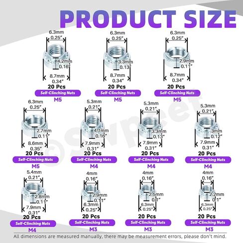 Swpeet 220Pcs 11 Sizes M3 M4 M5 Blue White White Carbon Steel Galvanized Self Clinching Nuts Assortment Kit, Metal Knurled Rivet Nut Fasteners for Machinery Electrical Products in Saudi Arabia