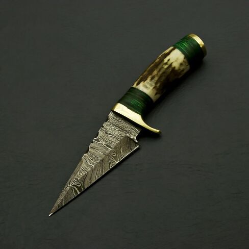 Handmade Damascus Steel Staghorn 6" Inch – Fireside Camping & Skinning Tool with Stag/Antler Handle & Leather Sheath – Best Gift for Him in Saudi Arabia
