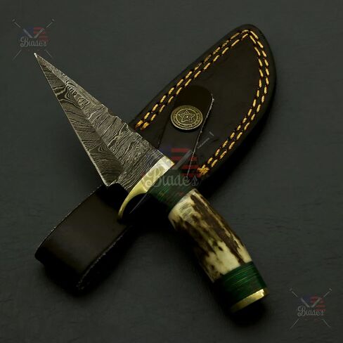 Handmade Damascus Steel Staghorn 6" Inch – Fireside Camping & Skinning Tool with Stag/Antler Handle & Leather Sheath – Best Gift for Him in Saudi Arabia