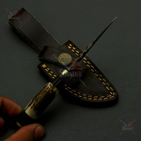 Handmade Damascus Steel Staghorn 6" Inch – Fireside Camping & Skinning Tool with Stag/Antler Handle & Leather Sheath – Best Gift for Him in Saudi Arabia