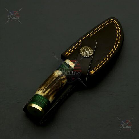 Handmade Damascus Steel Staghorn 6" Inch – Fireside Camping & Skinning Tool with Stag/Antler Handle & Leather Sheath – Best Gift for Him in Saudi Arabia