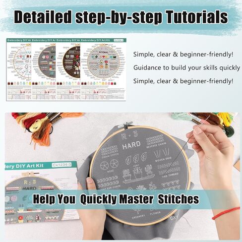 Embroidery Kit for Adults Beginners, Easy to Learn 29 Embroidery Stitches Practice DIY Cross Stitch Starter Kit for Beginners, Includes Stamped Flower Pattern, Hoop, Color Threads,Tools in Saudi Arabia