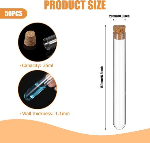 50pcs أنابيب اختبار الزجاج مع سدادات Cork صافية مستديرة مختبر المختبر المختبر الحاشيات الزجاج قوارير الحاويات للنباتات التجارب العلمية تفضلات تخزين الحلوى (35 مل) in Saudi Arabia
