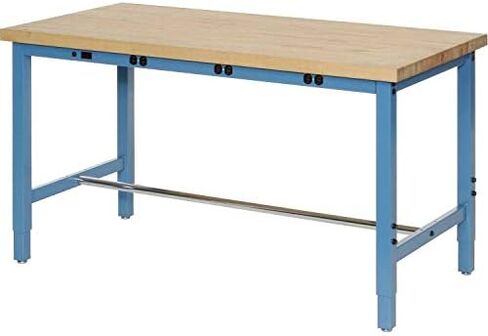 Global Industrial 96" W x 30" D Adjustable Height Workbench, Power Apron, 1-3/4" Thick Maple Top Square Edge, Blue in Saudi Arabia
