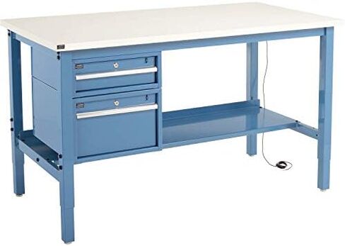 Workbench الصناعي العالمي 72 "W × 30" د ، 1-1/4 "ESD سميكة الحافة المربعة مع الأدراج والرف ، الأزرق in Saudi Arabia