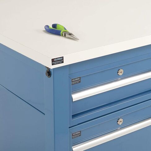 Workbench الصناعي العالمي 72 "W × 30" د ، 1-1/4 "ESD سميكة الحافة المربعة مع الأدراج والرف ، الأزرق in Saudi Arabia