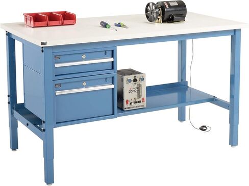 Workbench الصناعي العالمي 72 "W × 30" د ، 1-1/4 "ESD سميكة الحافة المربعة مع الأدراج والرف ، الأزرق in Saudi Arabia