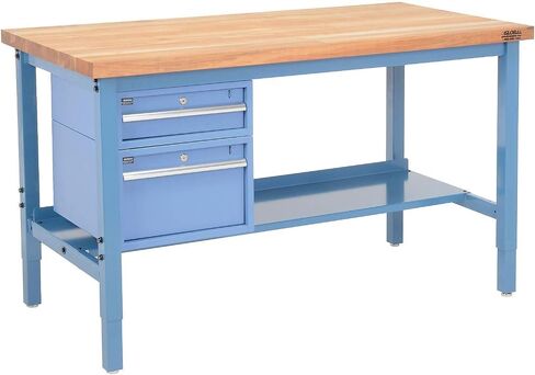 Global Industrial 60 "W X 36" D Workbench ، 1-3/4 "Sway Maple Top Square Edge مع الأدراج والرف والأزرق in Saudi Arabia