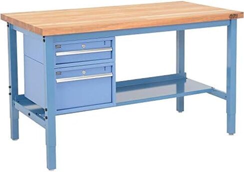 Global Industrial 60 "W X 36" D Workbench ، 1-3/4 "Sway Maple Top Square Edge مع الأدراج والرف والأزرق in Saudi Arabia
