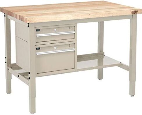 Global Industrial 48 "W X 30" D Workbench ، 1-3/4 "Sway Maple Top Square Edge مع الأدراج والرف ، تان in Saudi Arabia