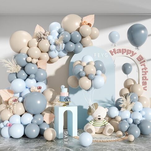Dusty Blue Sand White Balloon Garland Arch Kit, Slate Fog Baby Blue Sand White Beige Latex Party Balloons for Boys Girls Bear Theme Baby Shower Birthday Gender Reveal Bridal Wedding Party Decorations in Kuwait