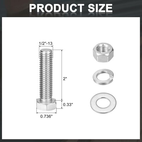 UXCELL 10SET HEX رأس المسمار الترباس ، 1/2-13 × 2 304 الفولاذ المقاوم للصدأ الترباس ملولب بالكامل مع المكسرات ، غسالات قفل ، الفضة in Saudi Arabia