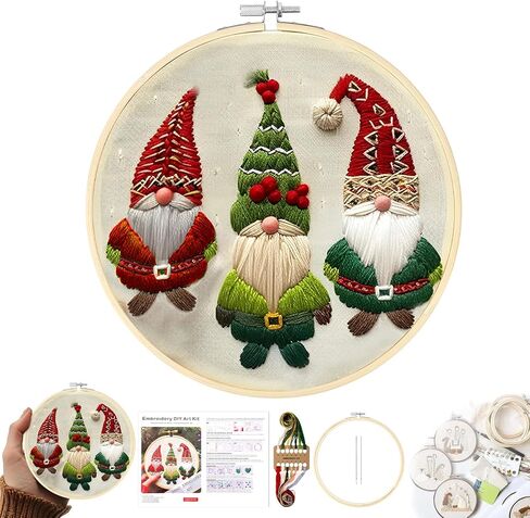 Christmas Embroidery Kit for Adults & Beginners - Gnomes & Cross Stitch Patterns, Cotton, Threads, Needles & Instructions (4 Pcs) in Saudi Arabia