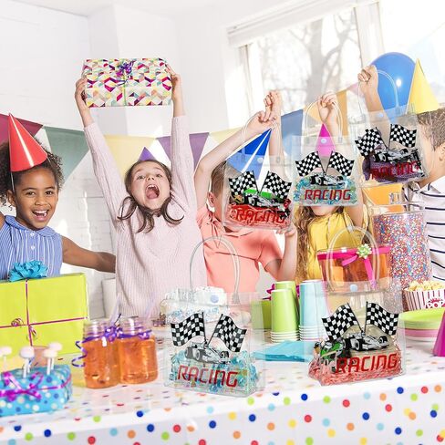 Sweetude 24 Pcs Hero Party Favor Bags with Handles Hero Theme Clear Candy PVC Plastic Bags Boom Theme Goodie Holder for Party Supplies Birthday Treat 5.9x6.3x2.8 Inches in Saudi Arabia