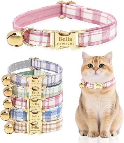Personalized Cat Collar with Custom Name Plate, Customize Engraved Metal Buckle, Adjustable Velvet Tough Nylon Cat ID Tag Collars with Bell in Kuwait