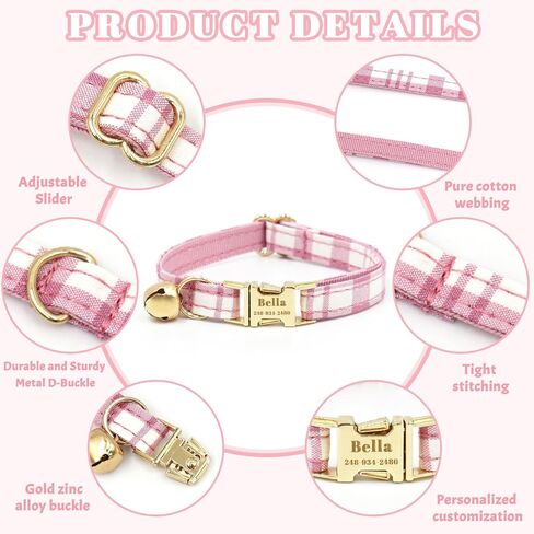 Personalized Cat Collar with Custom Name Plate, Customize Engraved Metal Buckle, Adjustable Velvet Tough Nylon Cat ID Tag Collars with Bell in Kuwait
