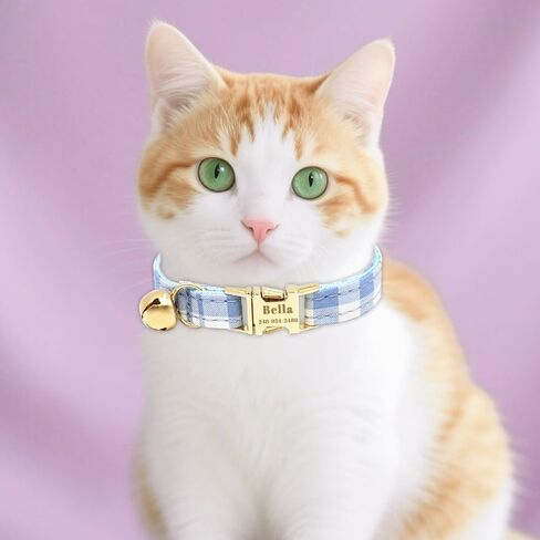 Personalized Cat Collar with Custom Name Plate, Customize Engraved Metal Buckle, Adjustable Velvet Tough Nylon Cat ID Tag Collars with Bell in Kuwait
