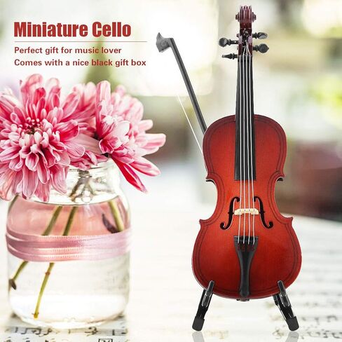 Wooden Miniature Cello with Stand Bow Case, 5.5 X 2 X 1.2 Miniature Cello Replica Dollhouse Accessory, Instrument Model Desktop Decoration for Home Office in Saudi Arabia