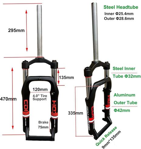20 inch x 4.0 Fat Tire Bike Fork, 1-1/8" Threadless Suspension Bicycle Fork 20" Single Shoulder, Snow Beach MTB E-Bike Fork, Manual Lockout, 9mm Quick Release, Disc Brake in Kuwait