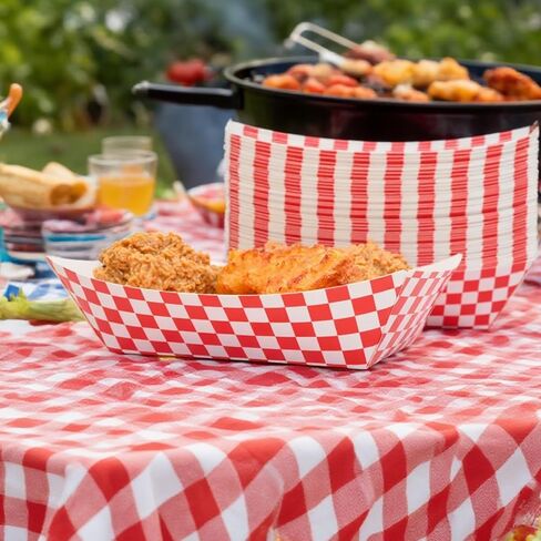 No Folding Required 50 Pcs 2lb Gingham Party Supplies Disposable Paper Food Trays for Shower Wedding Tea Party Supplies Nacho Snack (Red) in Kuwait