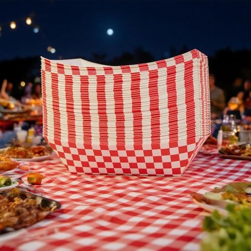 No Folding Required 50 Pcs 2lb Gingham Party Supplies Disposable Paper Food Trays for Shower Wedding Tea Party Supplies Nacho Snack (Red) in Kuwait