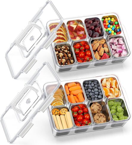 Snackle Box Container with 8 Removable Stainless Steel Containers – Clear Divided Serving Snack Tray with Lid & Handle – Leak-Proof for Wet/Dry Food – Perfect for Parties, Travel, Office in Saudi Arabia